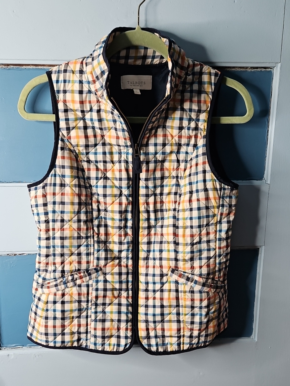 Talbots Quilted Plaid Vest - Cream with Navy & Yellow Accents Small Petite